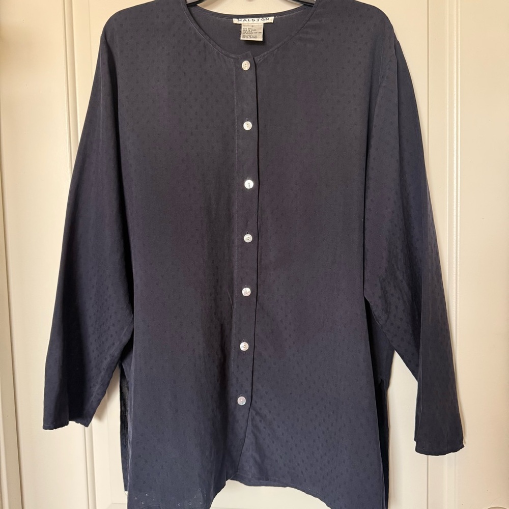 Halston Black Button-Up contemporary silk Blouse with mother of pearl buttons